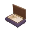 Open view of Ercolano Inlaid Music Box 416 Violin – deep purple burl body, cream velvet lining, ring holder, gold hinge