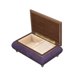 Open view of Ercolano Inlaid Music Box 416 Violin – deep purple burl body, cream velvet lining, ring holder, gold hinge