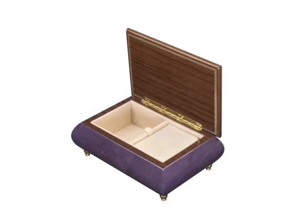 Open view of Ercolano Inlaid Music Box 416 Violin – deep purple burl body, cream velvet lining, ring holder, gold hinge