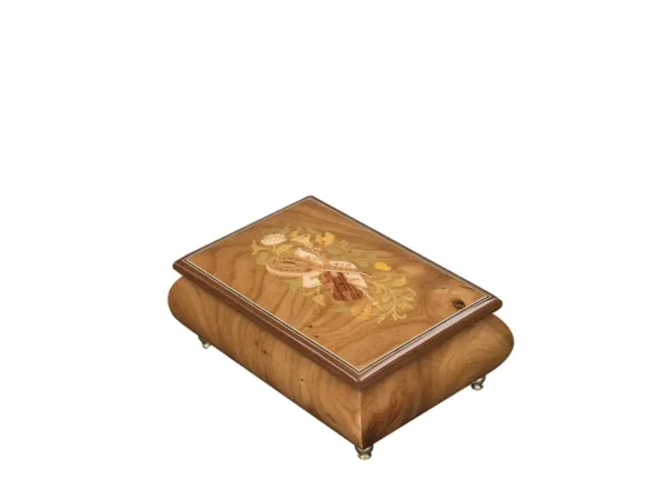 Ercolano Inlaid Music Box 416 Violin – natural elm burl finish, hand-crafted violin floral marquetry on lid, gold brass feet