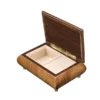 Open view of Ercolano Inlaid Music Box 416 Violin – elm burl natural wood body, cream velvet lining, ring holder, gold hinge