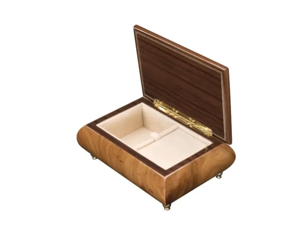 Open view of Ercolano Inlaid Music Box 416 Violin – elm burl natural wood body, cream velvet lining, ring holder, gold hinge
