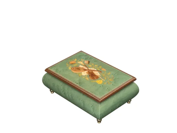 Ercolano Inlaid Music Box 416 Violin – sage green burl finish, hand-crafted violin wood inlay on lid, gold brass feet
