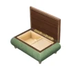 Open view of Ercolano Inlaid Music Box 416 Violin – sage green burl body, cream velvet lining, ring holder, gold hinge