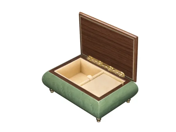 Open view of Ercolano Inlaid Music Box 416 Violin – sage green burl body, cream velvet lining, ring holder, gold hinge