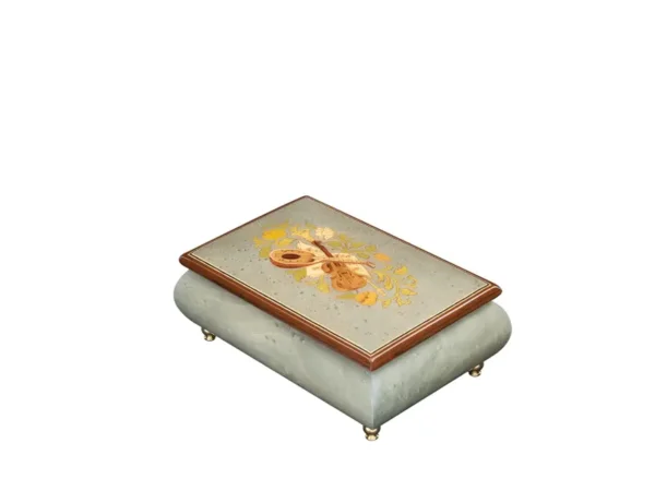 Ercolano Inlaid Music Box 416 Violin – light blue marble-effect finish, hand-crafted violin wood inlay on lid, gold brass feet