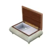 Open view of Ercolano Inlaid Music Box 416 Violin – light blue body, pale blue velvet lining, ring holder, gold hinge