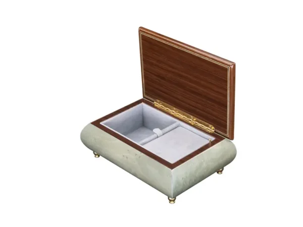 Open view of Ercolano Inlaid Music Box 416 Violin – light blue body, pale blue velvet lining, ring holder, gold hinge