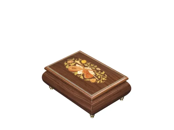 Ercolano Inlaid Music Box 416 Violin – dark rosewood finish, hand-crafted violin and floral marquetry on lid, gold brass feet