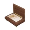 Open view of Ercolano Inlaid Music Box 416 Violin – dark rosewood body, cream velvet lining, ring holder, ornate gold hinge