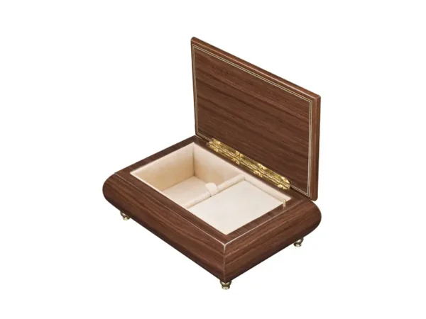Open view of Ercolano Inlaid Music Box 416 Violin – dark rosewood body, cream velvet lining, ring holder, ornate gold hinge
