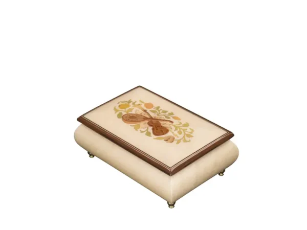Ercolano Inlaid Music Box 416 Violin – ivory white finish, hand-crafted violin floral wood inlay on lid, gold brass feet