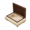 Open view of Ercolano Inlaid Music Box 416 Violin – ivory white body, cream velvet lining, ring holder, gold hinge, walnut interior lid