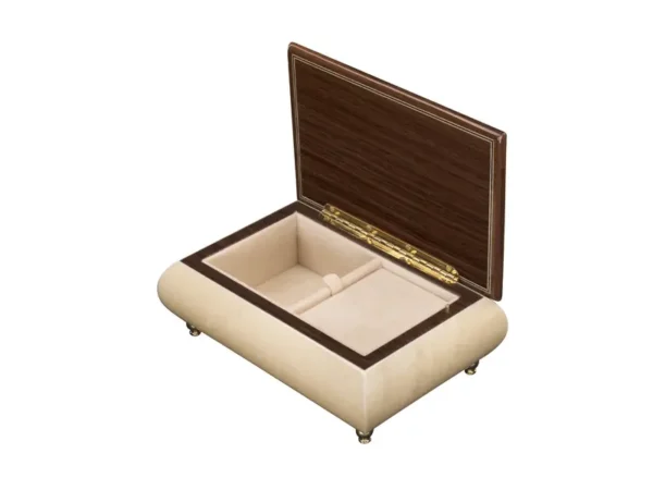 Open view of Ercolano Inlaid Music Box 416 Violin – ivory white body, cream velvet lining, ring holder, gold hinge, walnut interior lid