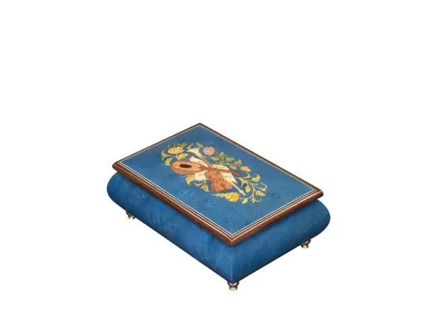 Ercolano Inlaid Music Box 416 Violin – deep blue marble-effect finish, hand-crafted violin wood inlay on lid, gold brass feet