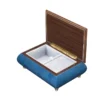 Open view of Ercolano Inlaid Music Box 416 Violin – deep blue body, pale blue velvet lining, ring holder, gold hinge