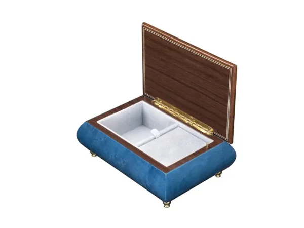 Open view of Ercolano Inlaid Music Box 416 Violin – deep blue body, pale blue velvet lining, ring holder, gold hinge